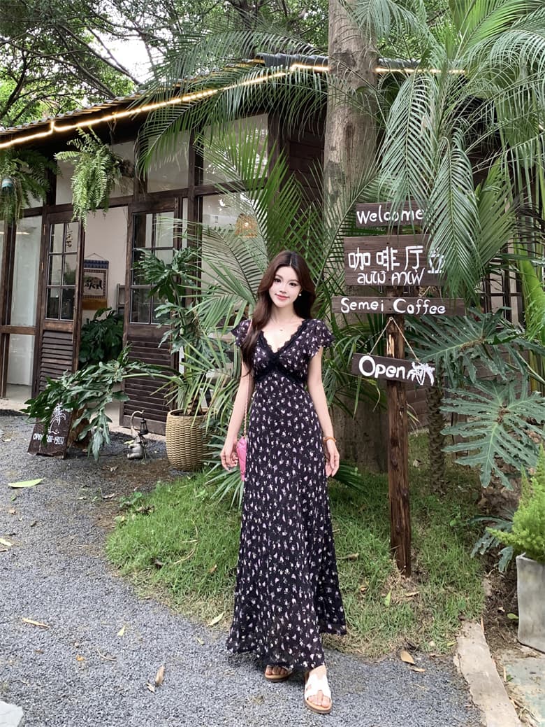 실사 빅 사이즈 여름 프랑스식 레이스 우아함 허리 수축 쉬폰 꽃무늬 여성 드레스 순수한 욕망 휴가 롱 스커트 여름 상세 이미지 3