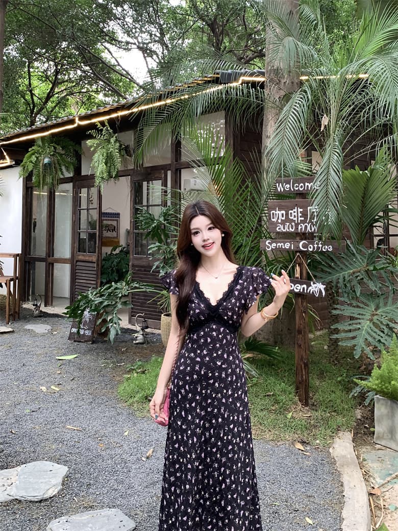 실사 빅 사이즈 여름 프랑스식 레이스 우아함 허리 수축 쉬폰 꽃무늬 여성 드레스 순수한 욕망 휴가 롱 스커트 여름 상세 이미지 4