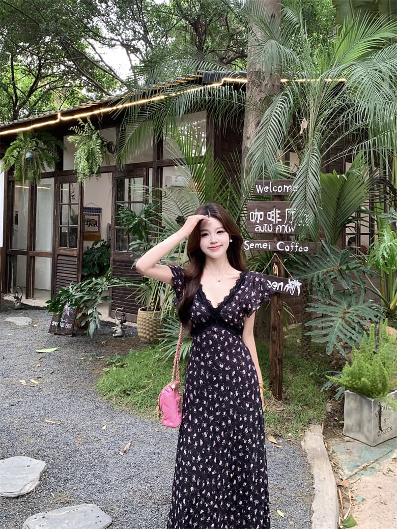 실사 빅 사이즈 여름 프랑스식 레이스 우아함 허리 수축 쉬폰 꽃무늬 여성 드레스 순수한 욕망 휴가 롱 스커트 여름 상세 이미지 5