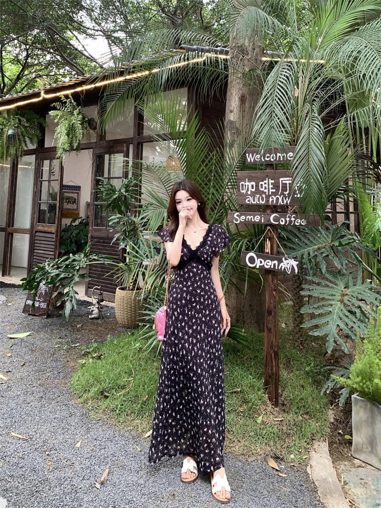 실사 빅 사이즈 여름 프랑스식 레이스 우아함 허리 수축 쉬폰 꽃무늬 여성 드레스 순수한 욕망 휴가 롱 스커트 여름 상세 이미지 6
