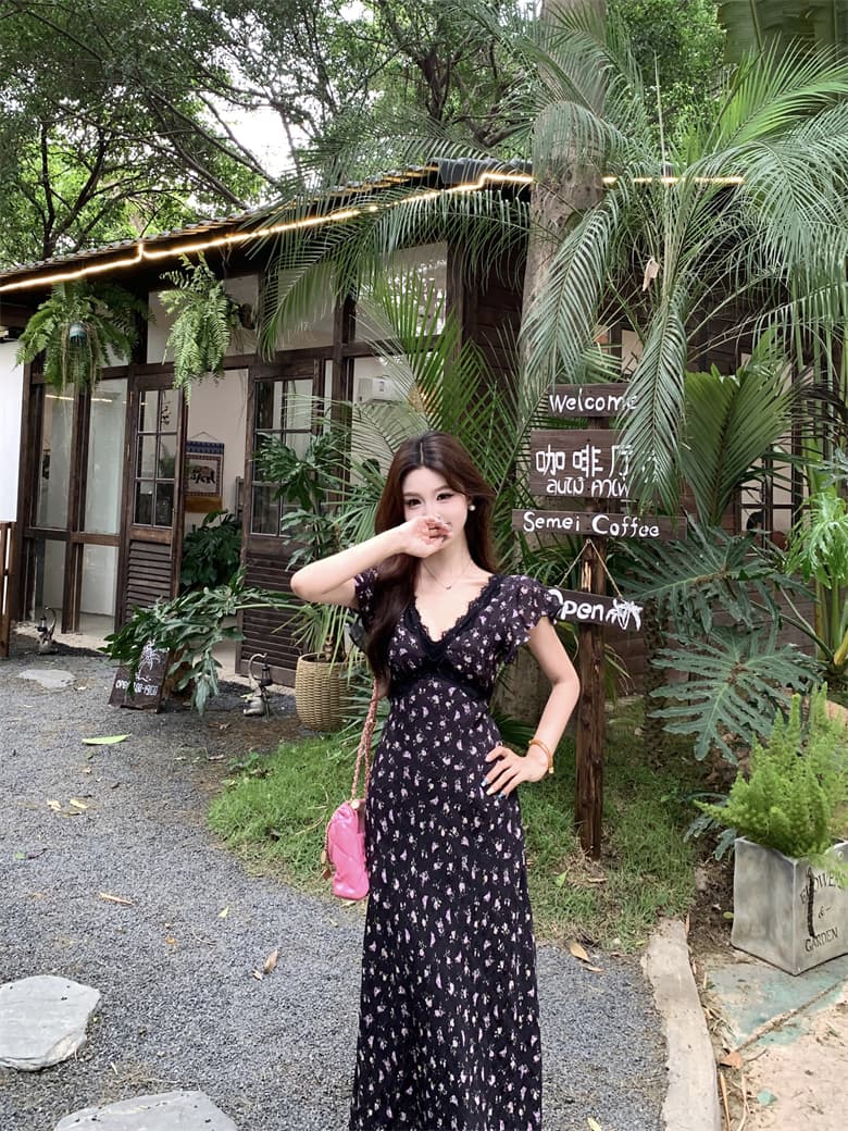 실사 빅 사이즈 여름 프랑스식 레이스 우아함 허리 수축 쉬폰 꽃무늬 여성 드레스 순수한 욕망 휴가 롱 스커트 여름 상세 이미지 7