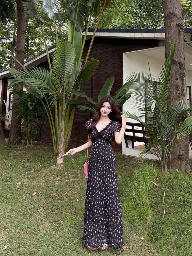 실사 빅 사이즈 여름 프랑스식 레이스 우아함 허리 수축 쉬폰 꽃무늬 여성 드레스 순수한 욕망 휴가 롱 스커트 여름 상세 이미지 11
