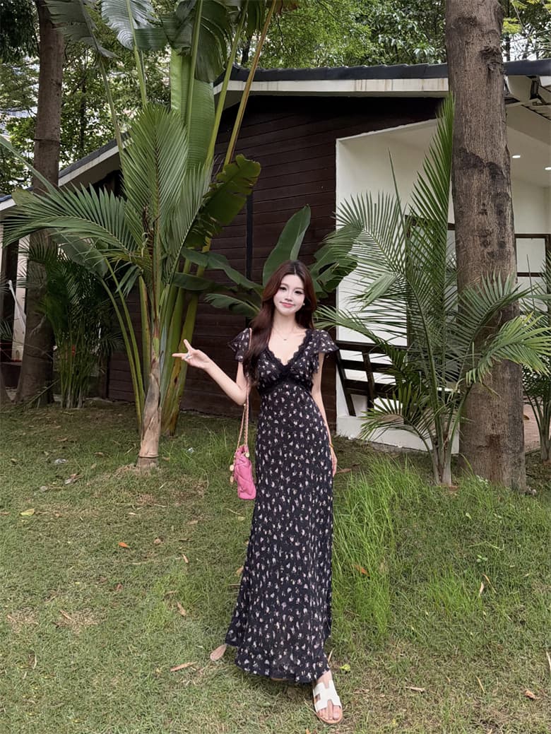 실사 빅 사이즈 여름 프랑스식 레이스 우아함 허리 수축 쉬폰 꽃무늬 여성 드레스 순수한 욕망 휴가 롱 스커트 여름 상세 이미지 12