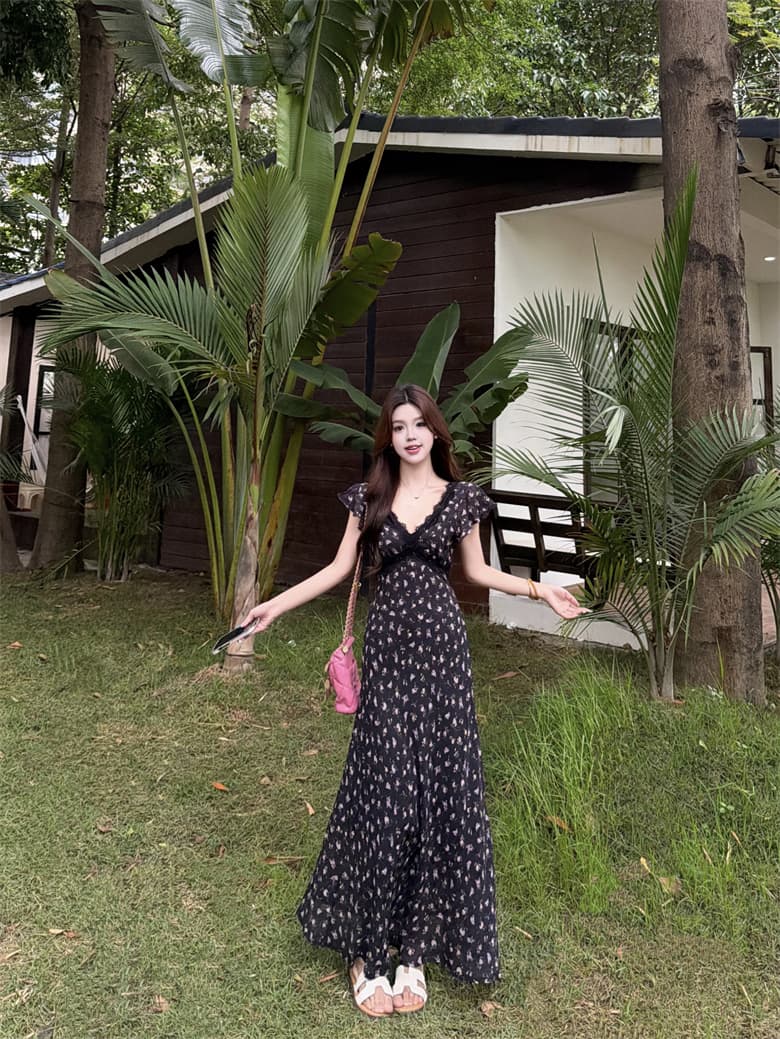 실사 빅 사이즈 여름 프랑스식 레이스 우아함 허리 수축 쉬폰 꽃무늬 여성 드레스 순수한 욕망 휴가 롱 스커트 여름 상세 이미지 15
