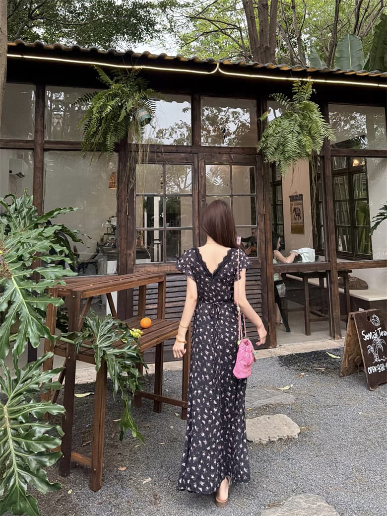 실사 빅 사이즈 여름 프랑스식 레이스 우아함 허리 수축 쉬폰 꽃무늬 여성 드레스 순수한 욕망 휴가 롱 스커트 여름 상세 이미지 17