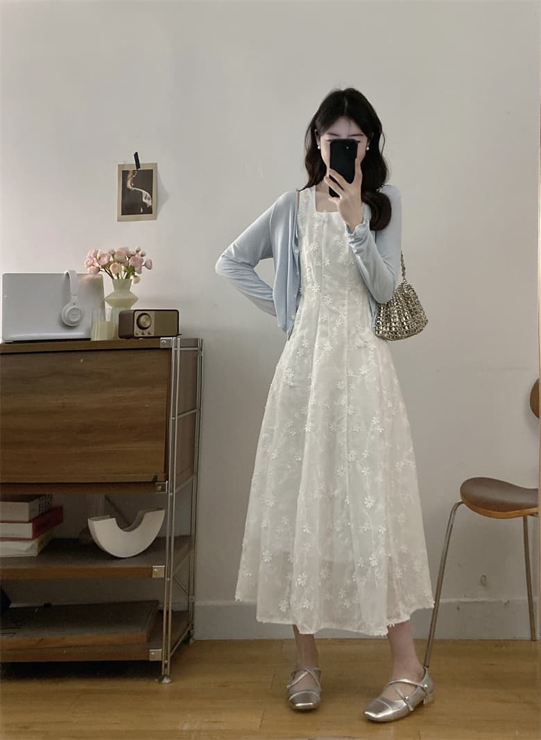 실사 빅 사이즈 부드러운 바람 프랑스식 달콤함 무거운 작업 레이스 자수 한 마디 드레스 여름 오픈 가디건 투피스 세트 상세 이미지 3