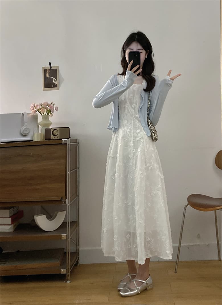 실사 빅 사이즈 부드러운 바람 프랑스식 달콤함 무거운 작업 레이스 자수 한 마디 드레스 여름 오픈 가디건 투피스 세트 상세 이미지 5