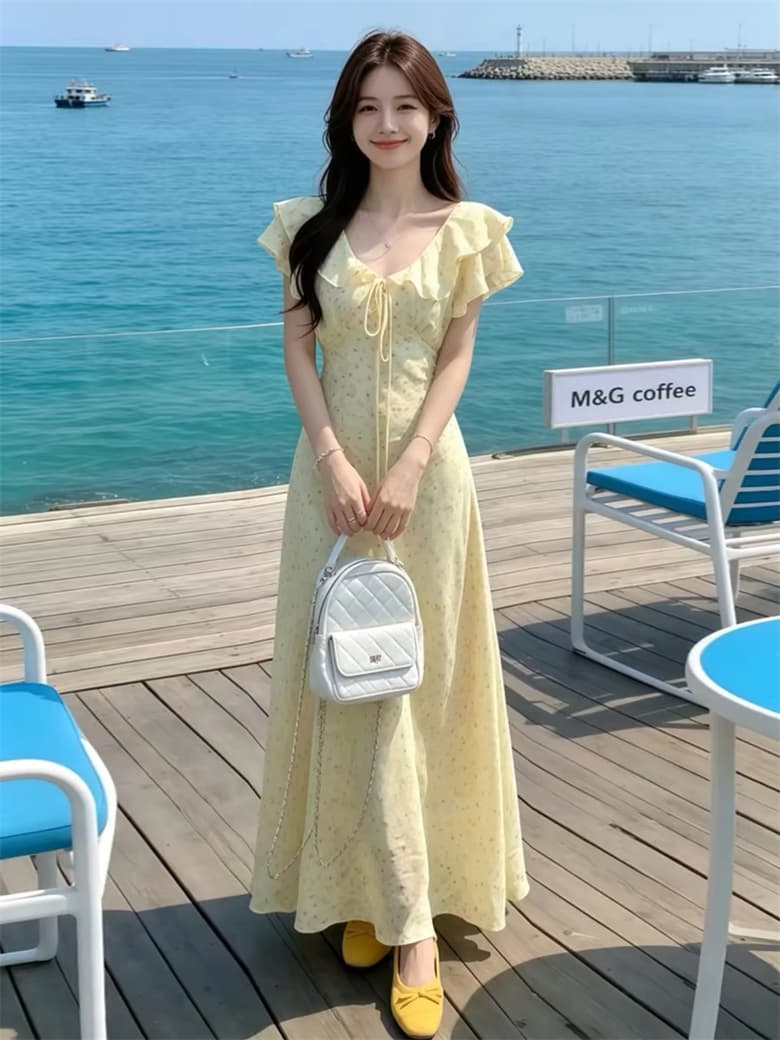 실사 2026 빅 사이즈 여름 새로운 프랑스식 우아함 휴가 드레스 V넥 꽃무늬 순수한 욕망 하이웨이스트 치마 상세 이미지 7