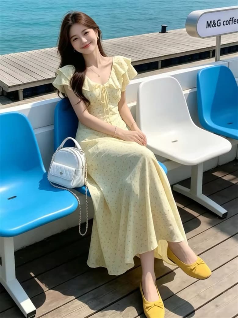 실사 2026 빅 사이즈 여름 새로운 프랑스식 우아함 휴가 드레스 V넥 꽃무늬 순수한 욕망 하이웨이스트 치마 상세 이미지 8