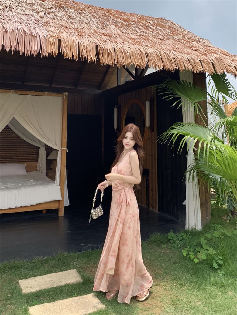 실사 여름 새로운 프랑스식 품격 슬림해 보이는 V넥 십자가 레이스업 꽃무늬 민소매 여성 드레스 코디 오픈 가디건 여성 상세 이미지 23