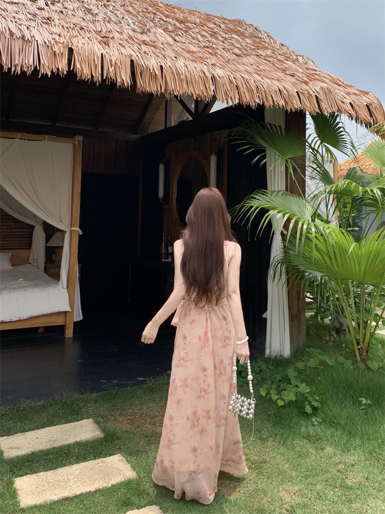 실사 여름 새로운 프랑스식 품격 슬림해 보이는 V넥 십자가 레이스업 꽃무늬 민소매 여성 드레스 코디 오픈 가디건 여성 상세 이미지 34