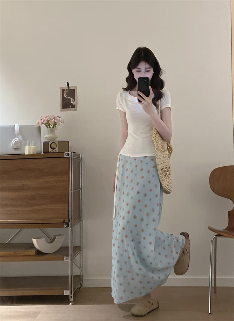 실사 고유 한 그레이트 바다를보고 측면 가짜 파란색 꽃무늬 드레스 아이들 여름 2026 새로운 세트 롱 스커트 상세 이미지 9