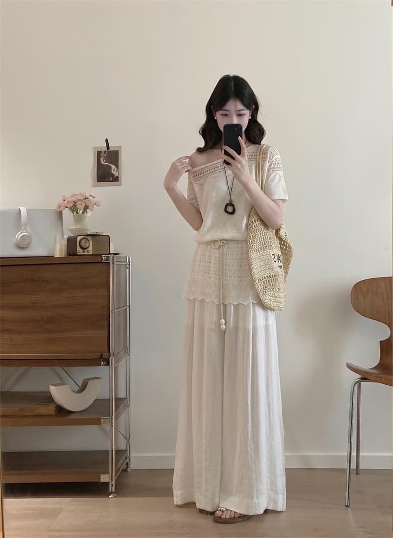 실사 빅 사이즈 여성 의류 새로운 마이크로 지방 mm 한 부서 부드러운 바람 오프숄더 화이트 맨위 가져 가라. 와이드 레그 팬츠 세트 여름 상세 이미지 6