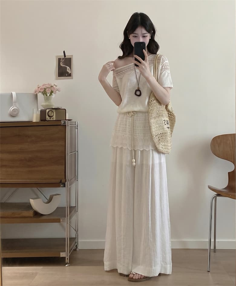 실사 빅 사이즈 여성 의류 새로운 마이크로 지방 mm 한 부서 부드러운 바람 오프숄더 화이트 맨위 가져 가라. 와이드 레그 팬츠 세트 여름 상세 이미지 8