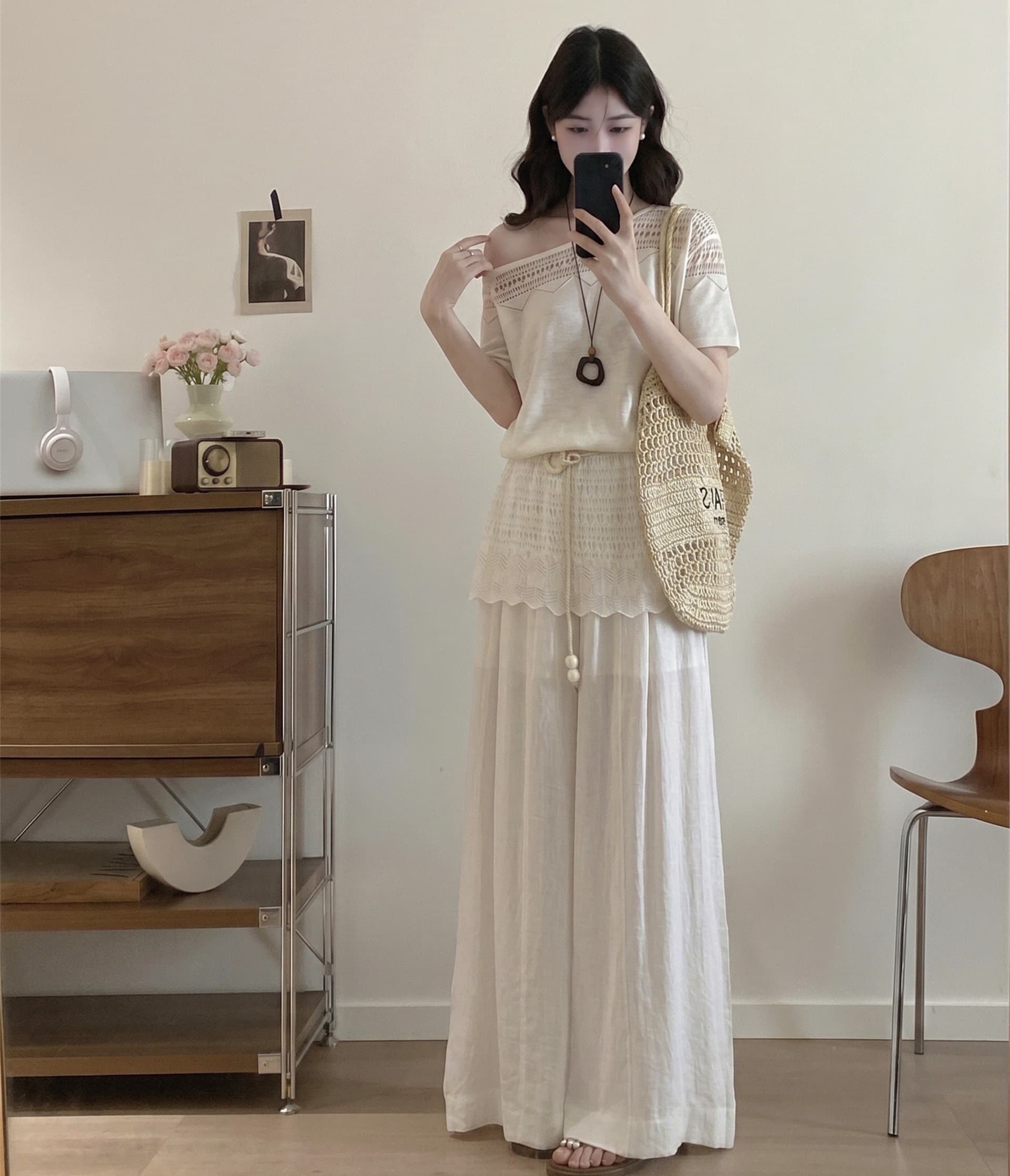 실사 빅 사이즈 여성 의류 새로운 마이크로 지방 mm 한 부서 부드러운 바람 오프숄더 화이트 맨위 가져 가라. 와이드 레그 팬츠 세트 여름 이미지 4