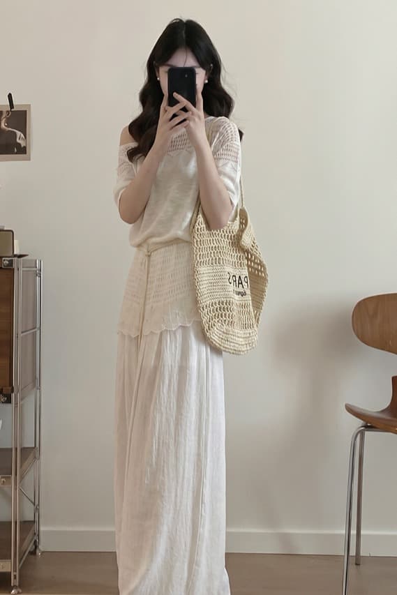 실사 빅 사이즈 여성 의류 새로운 마이크로 지방 mm 한 부서 부드러운 바람 오프숄더 화이트 맨위 가져 가라. 와이드 레그 팬츠 세트 여름 이미지 6