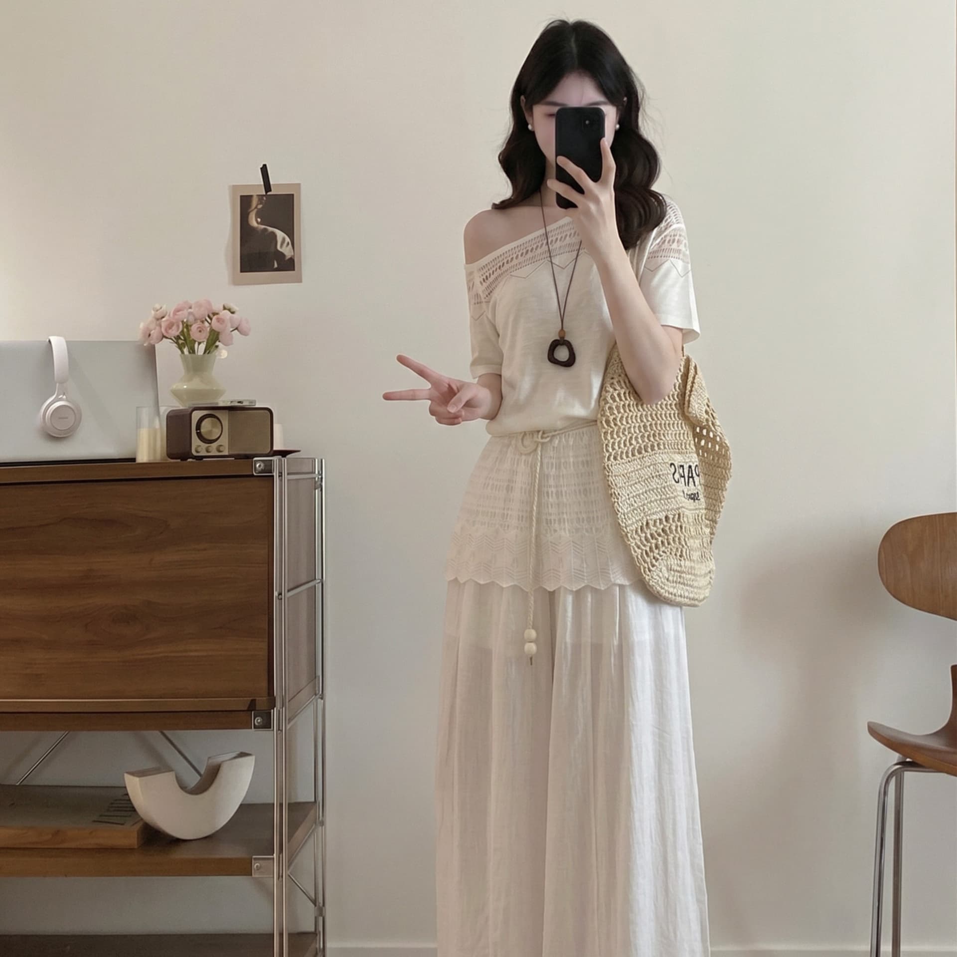실사 빅 사이즈 여성 의류 새로운 마이크로 지방 mm 한 부서 부드러운 바람 오프숄더 화이트 맨위 가져 가라. 와이드 레그 팬츠 세트 여름 이미지 5