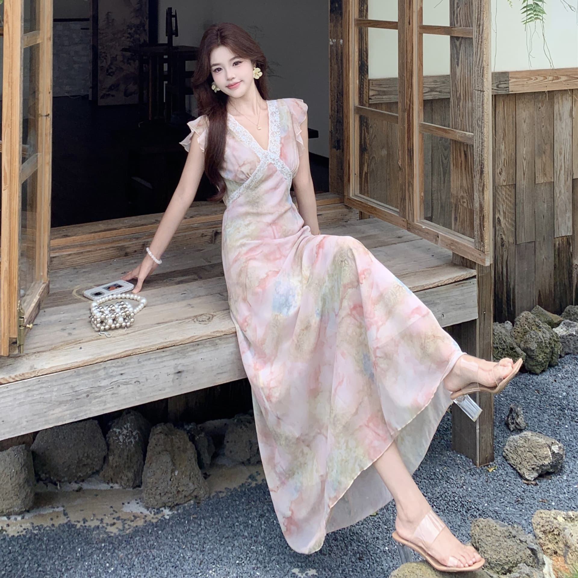 실사 빅 사이즈 아름다운 핑크색 레이스 조각 V넥 꽃무늬 드레스 여름 자이언트 잘 생긴 허리 수축 롱 코트 휴가 치마 이미지 6