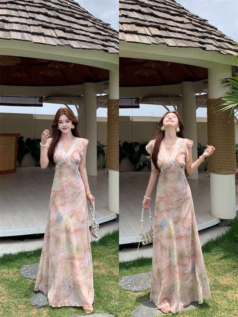 실사 빅 사이즈 아름다운 핑크색 레이스 조각 V넥 꽃무늬 드레스 여름 자이언트 잘 생긴 허리 수축 롱 코트 휴가 치마 상세 이미지 3
