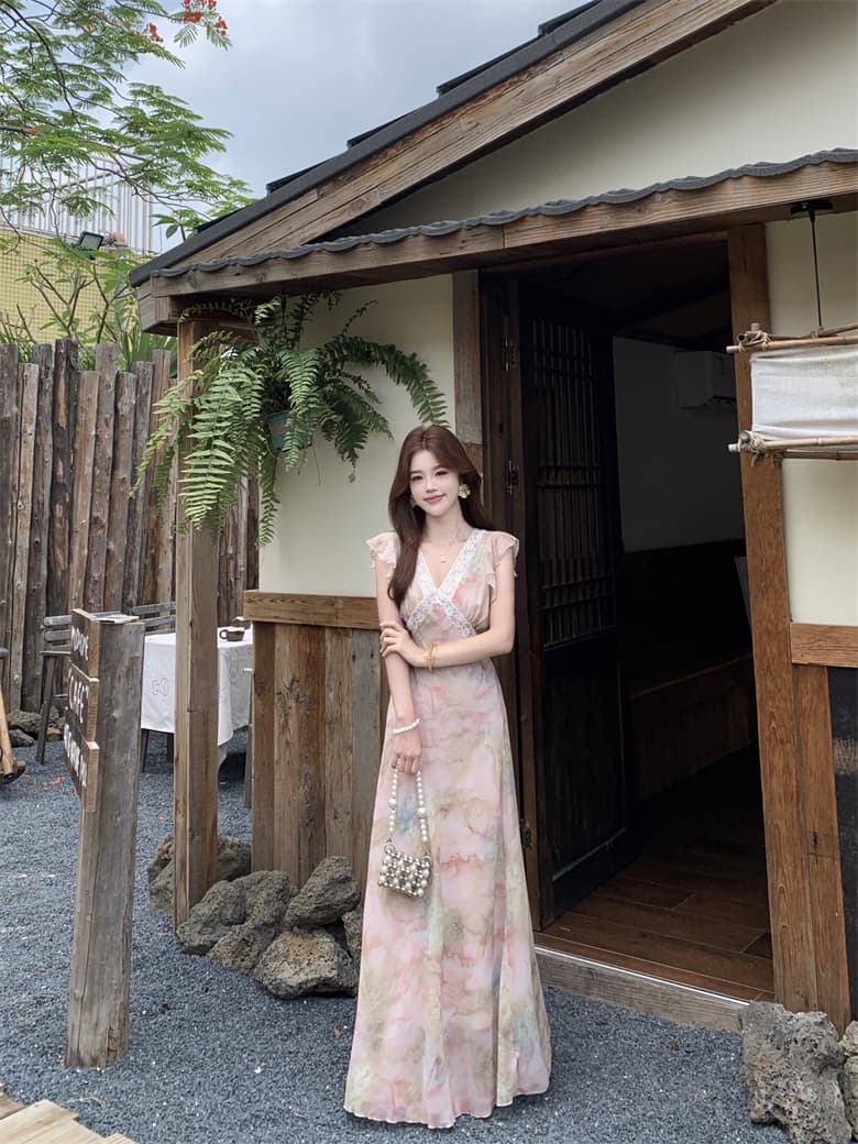 실사 빅 사이즈 아름다운 핑크색 레이스 조각 V넥 꽃무늬 드레스 여름 자이언트 잘 생긴 허리 수축 롱 코트 휴가 치마 상세 이미지 4