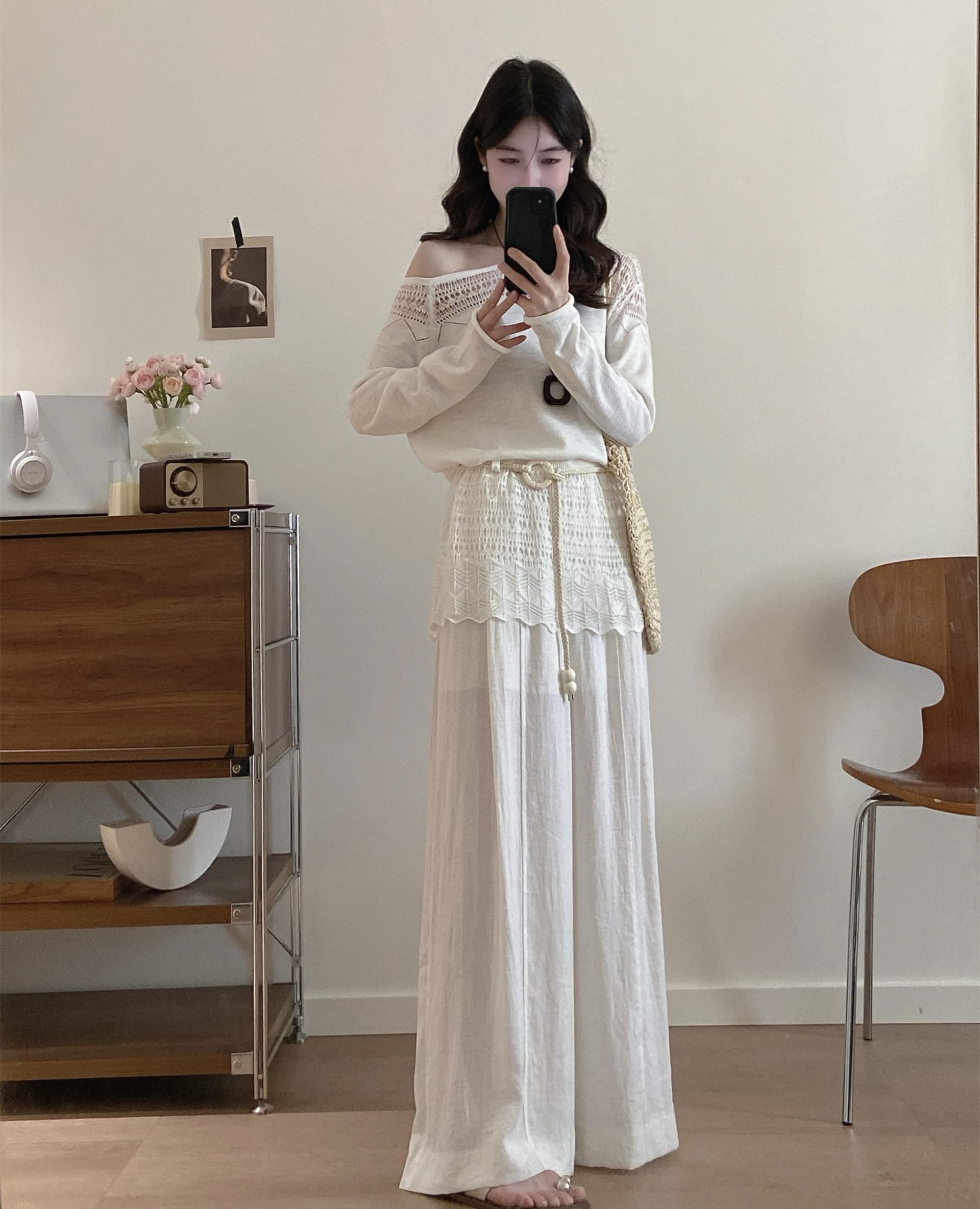 실사 빅 사이즈 여성 의류 새로운 마이크로 지방 mm 한 부서 부드러운 바람 오프숄더 화이트 맨위 가져 가라. 와이드 레그 팬츠 세트 여름 이미지 3