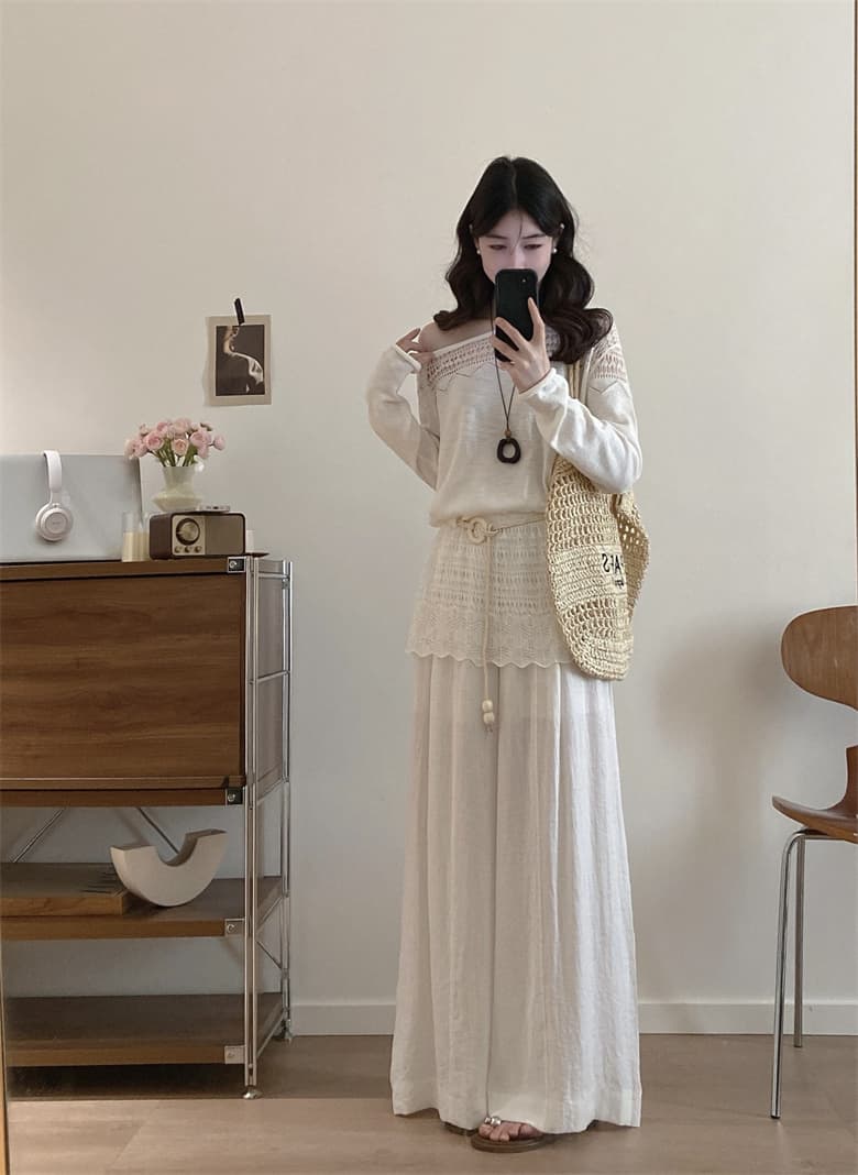 실사 빅 사이즈 여성 의류 새로운 마이크로 지방 mm 한 부서 부드러운 바람 오프숄더 화이트 맨위 가져 가라. 와이드 레그 팬츠 세트 여름 상세 이미지 17