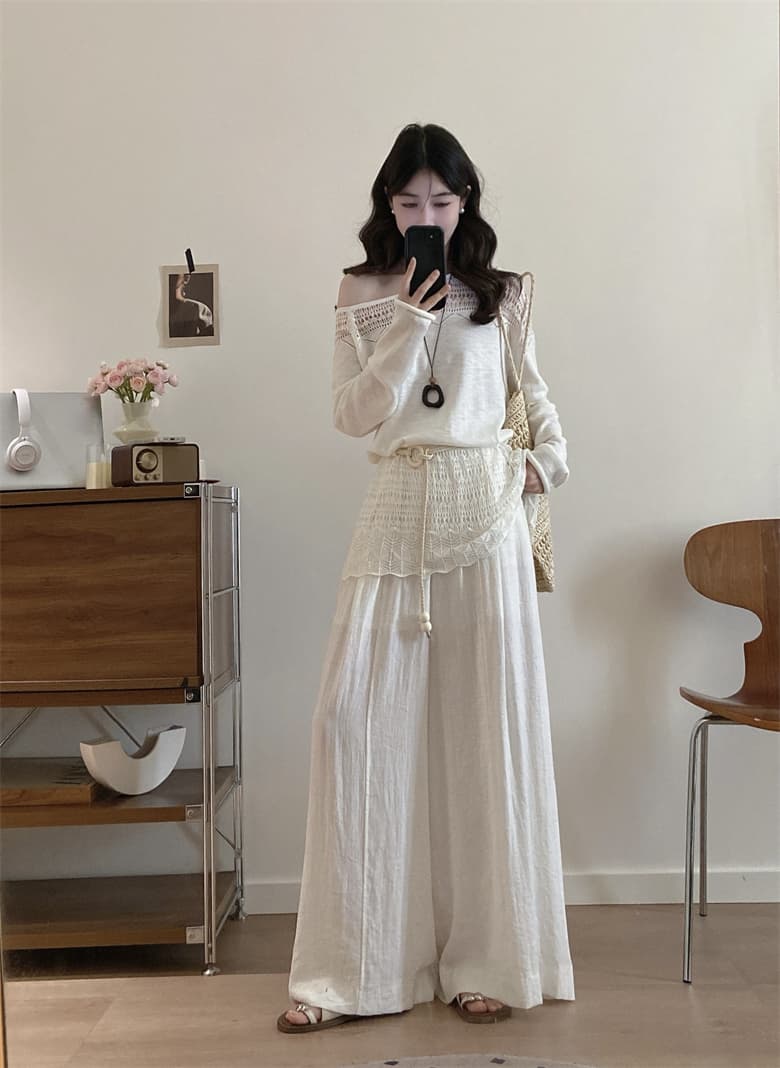 실사 빅 사이즈 여성 의류 새로운 마이크로 지방 mm 한 부서 부드러운 바람 오프숄더 화이트 맨위 가져 가라. 와이드 레그 팬츠 세트 여름 상세 이미지 19