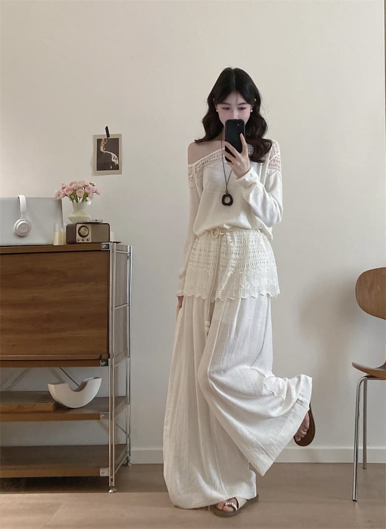 실사 빅 사이즈 여성 의류 새로운 마이크로 지방 mm 한 부서 부드러운 바람 오프숄더 화이트 맨위 가져 가라. 와이드 레그 팬츠 세트 여름 상세 이미지 22