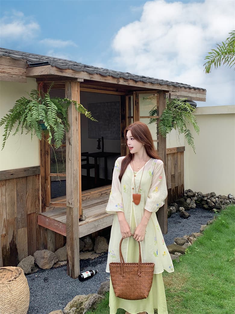 실사 꽃 남자 머리말 마이크로 지방 표지 고기 드레스 여름 얇고 가벼운 자외선 차단 자수 블라우스 슬립 드레스 투피스 슈트 상세 이미지 4