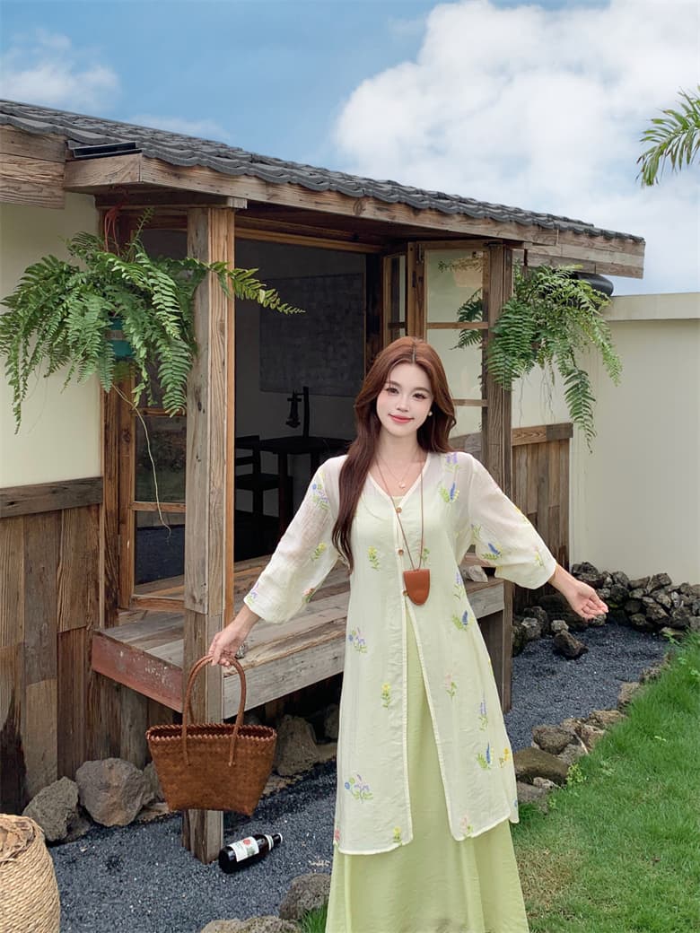 실사 꽃 남자 머리말 마이크로 지방 표지 고기 드레스 여름 얇고 가벼운 자외선 차단 자수 블라우스 슬립 드레스 투피스 슈트 상세 이미지 5