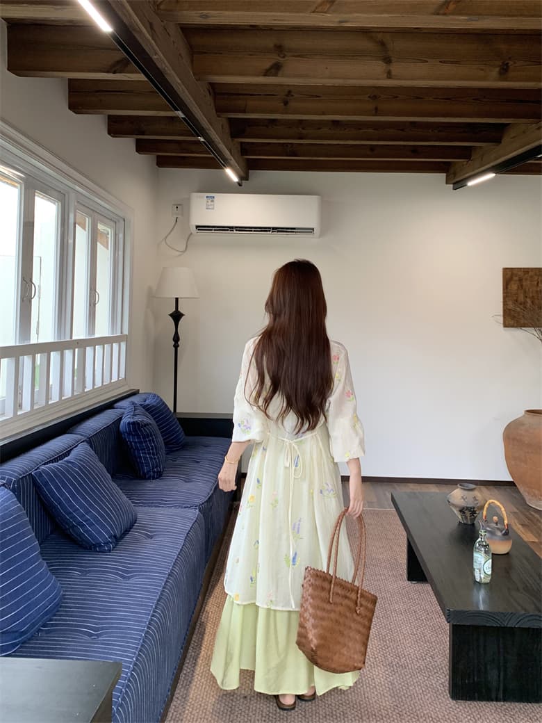 실사 꽃 남자 머리말 마이크로 지방 표지 고기 드레스 여름 얇고 가벼운 자외선 차단 자수 블라우스 슬립 드레스 투피스 슈트 상세 이미지 10
