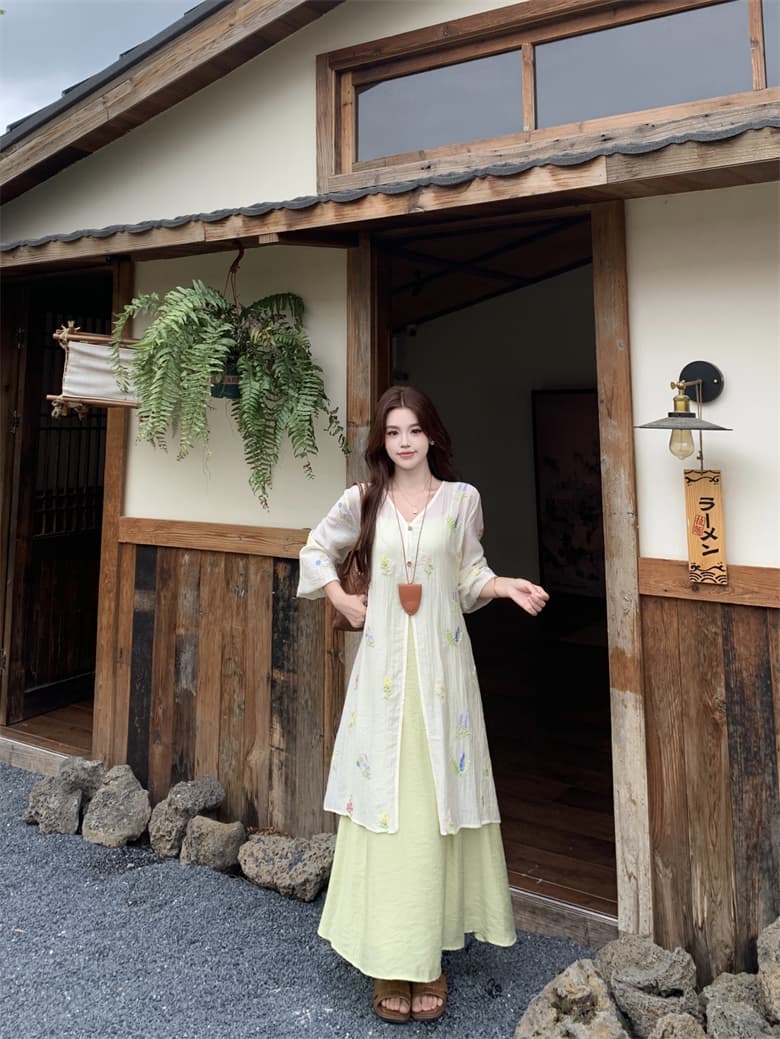실사 꽃 남자 머리말 마이크로 지방 표지 고기 드레스 여름 얇고 가벼운 자외선 차단 자수 블라우스 슬립 드레스 투피스 슈트 상세 이미지 14