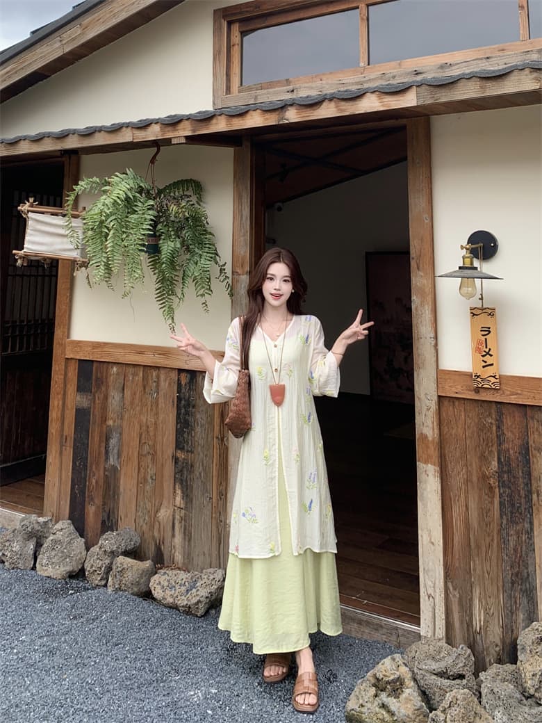 실사 꽃 남자 머리말 마이크로 지방 표지 고기 드레스 여름 얇고 가벼운 자외선 차단 자수 블라우스 슬립 드레스 투피스 슈트 상세 이미지 15