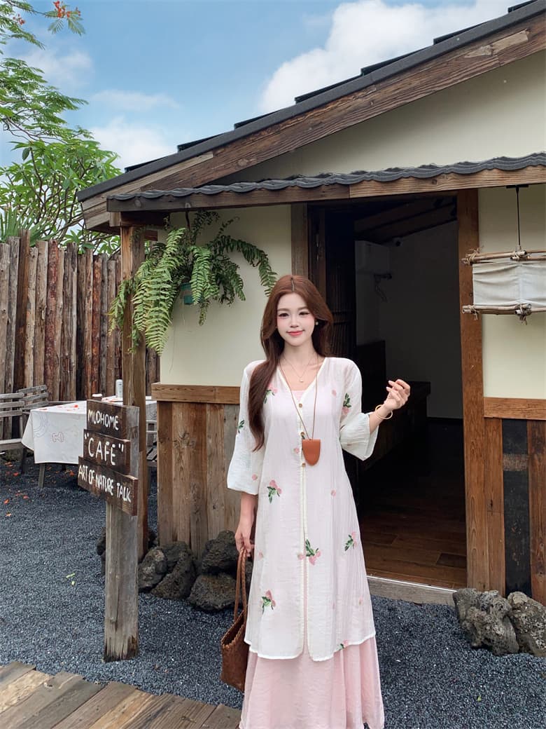 실사 꽃 남자 머리말 마이크로 지방 표지 고기 드레스 여름 얇고 가벼운 자외선 차단 자수 블라우스 슬립 드레스 투피스 슈트 상세 이미지 19