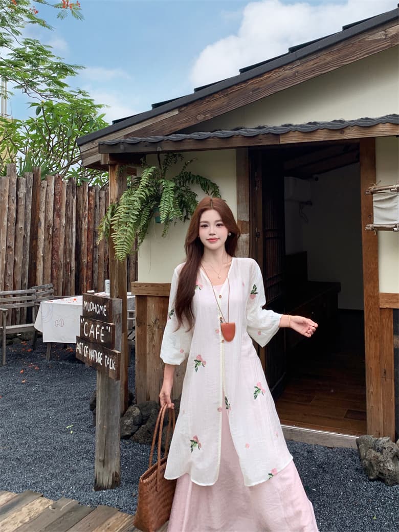 실사 꽃 남자 머리말 마이크로 지방 표지 고기 드레스 여름 얇고 가벼운 자외선 차단 자수 블라우스 슬립 드레스 투피스 슈트 상세 이미지 21
