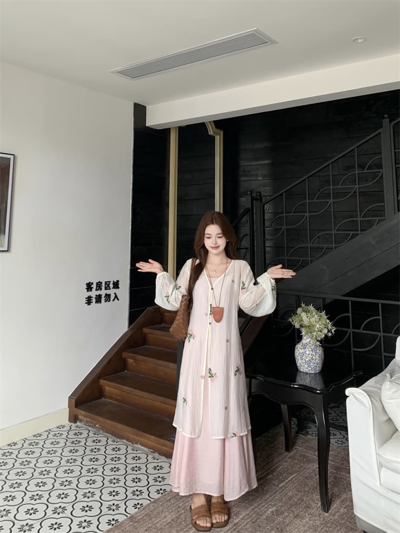 실사 꽃 남자 머리말 마이크로 지방 표지 고기 드레스 여름 얇고 가벼운 자외선 차단 자수 블라우스 슬립 드레스 투피스 슈트 상세 이미지 24