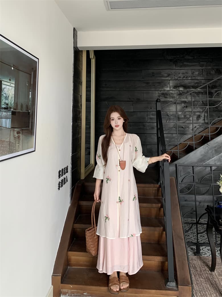실사 꽃 남자 머리말 마이크로 지방 표지 고기 드레스 여름 얇고 가벼운 자외선 차단 자수 블라우스 슬립 드레스 투피스 슈트 상세 이미지 25