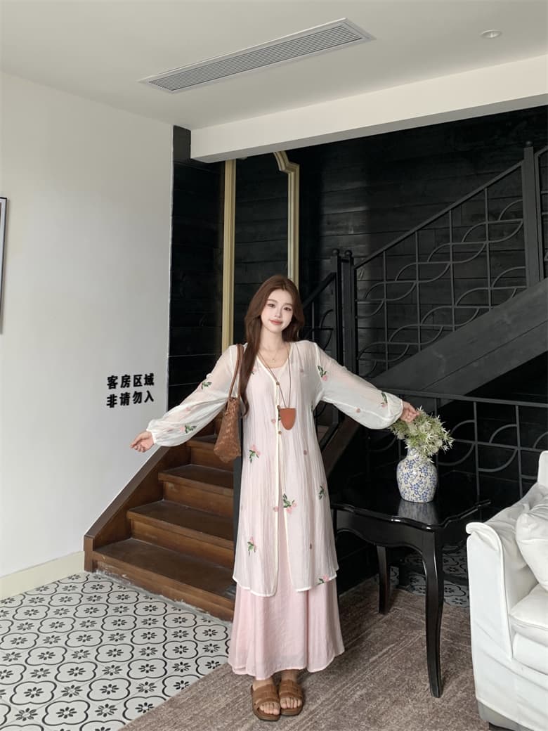 실사 꽃 남자 머리말 마이크로 지방 표지 고기 드레스 여름 얇고 가벼운 자외선 차단 자수 블라우스 슬립 드레스 투피스 슈트 상세 이미지 28