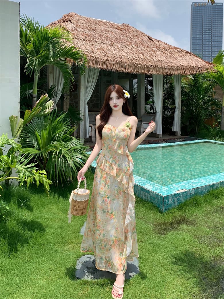 실사 맑은 야생화 리플 프랑스식 레트로 디자인 센스 요정 가스 슬림해 보이는 하이웨이스트 여름 슬립 드레스 경기 오픈 가디건 상세 이미지 4