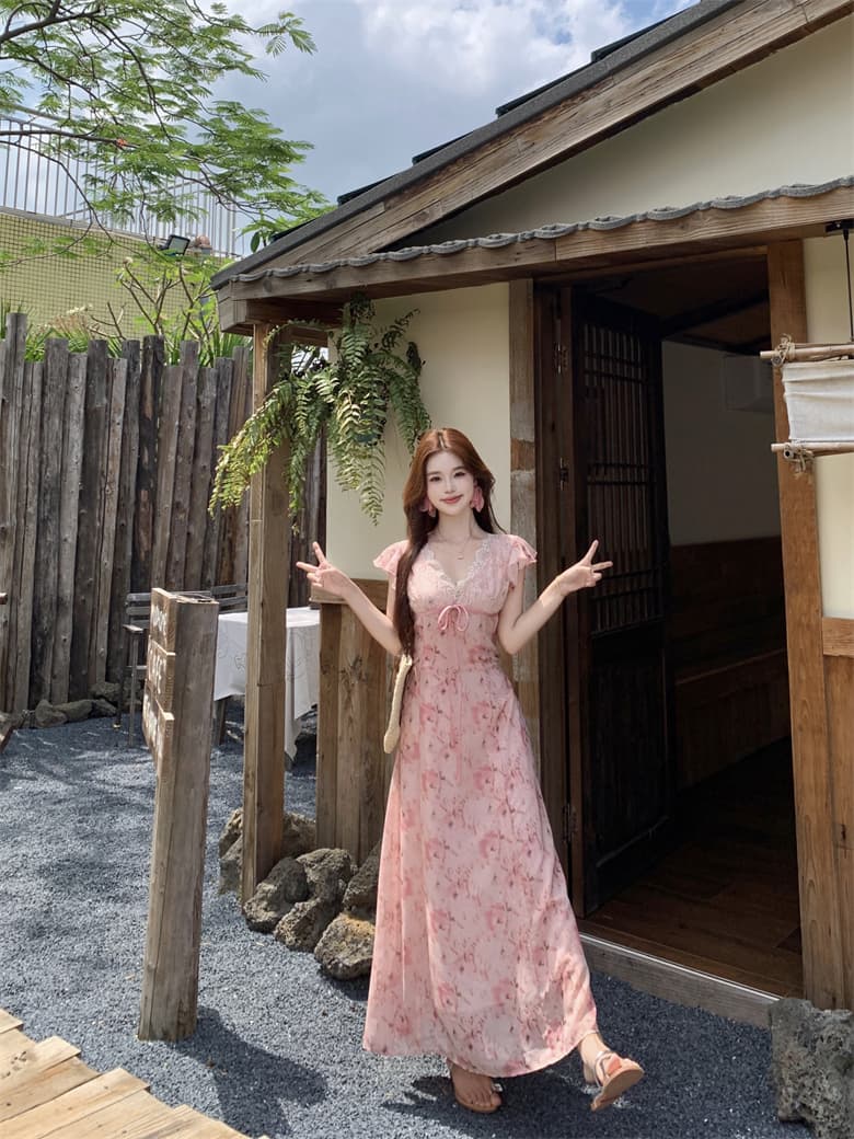 실사 프랑스식 품격 V넥 연꽃 잎 소매 헤일로 염색 꽃무늬 여성 드레스 여름 새로운 품격 슬림해 보이는 한 마디 롱 스커트 상세 이미지 4