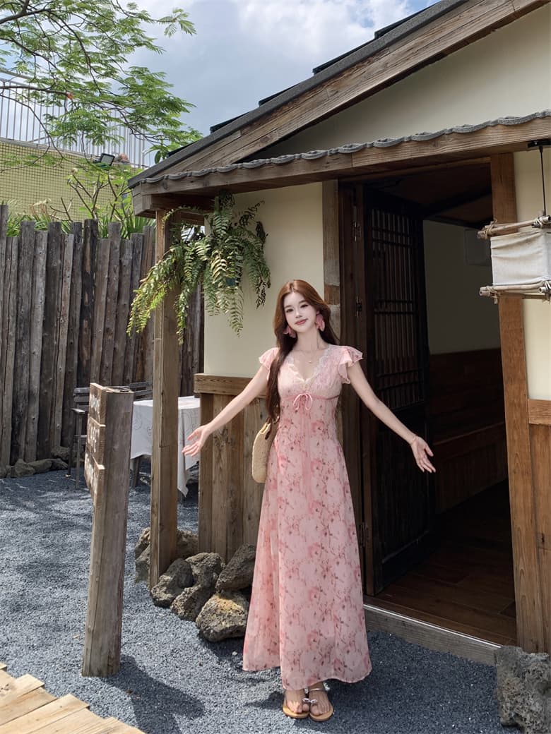 실사 프랑스식 품격 V넥 연꽃 잎 소매 헤일로 염색 꽃무늬 여성 드레스 여름 새로운 품격 슬림해 보이는 한 마디 롱 스커트 상세 이미지 7