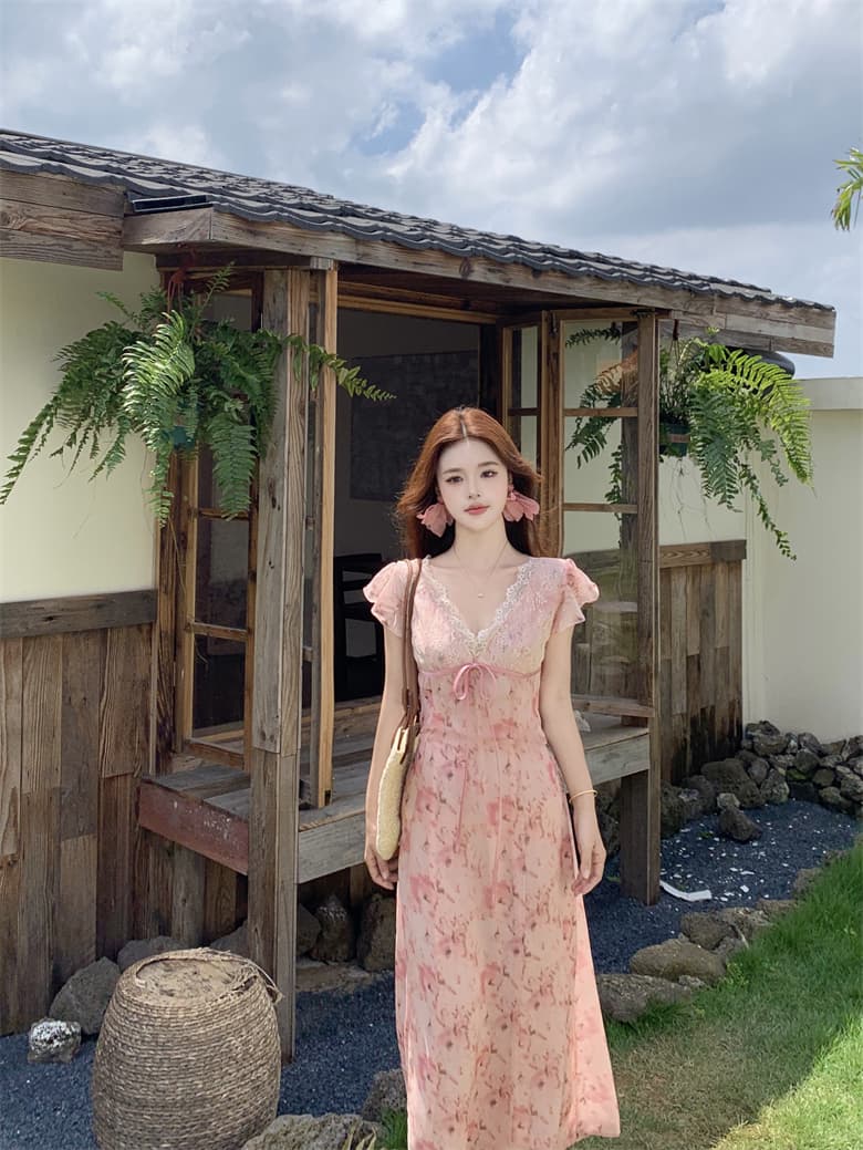 실사 프랑스식 품격 V넥 연꽃 잎 소매 헤일로 염색 꽃무늬 여성 드레스 여름 새로운 품격 슬림해 보이는 한 마디 롱 스커트 상세 이미지 9