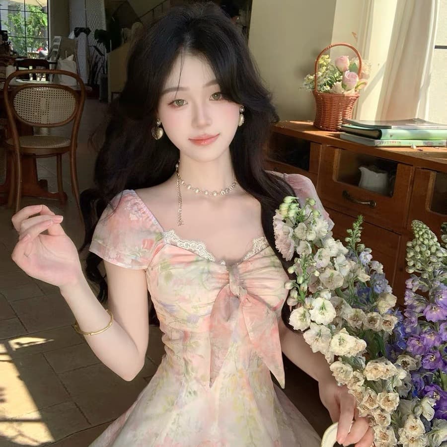 페인팅 정원 프랑스식 레트로 달콤함 무거운 작업 포지셔닝 허리 수축 빅 플레어 스커트 롱 스커트 슬림해 보이는 A라인 스커트 이미지 6