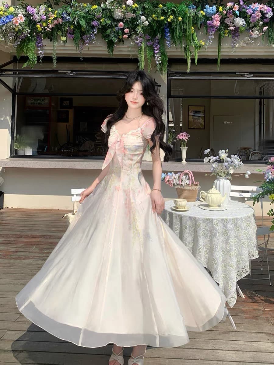 페인팅 정원 프랑스식 레트로 달콤함 무거운 작업 포지셔닝 허리 수축 빅 플레어 스커트 롱 스커트 슬림해 보이는 A라인 스커트 상세 이미지 6