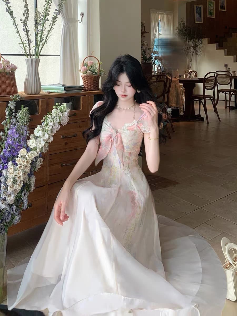 페인팅 정원 프랑스식 레트로 달콤함 무거운 작업 포지셔닝 허리 수축 빅 플레어 스커트 롱 스커트 슬림해 보이는 A라인 스커트 상세 이미지 8