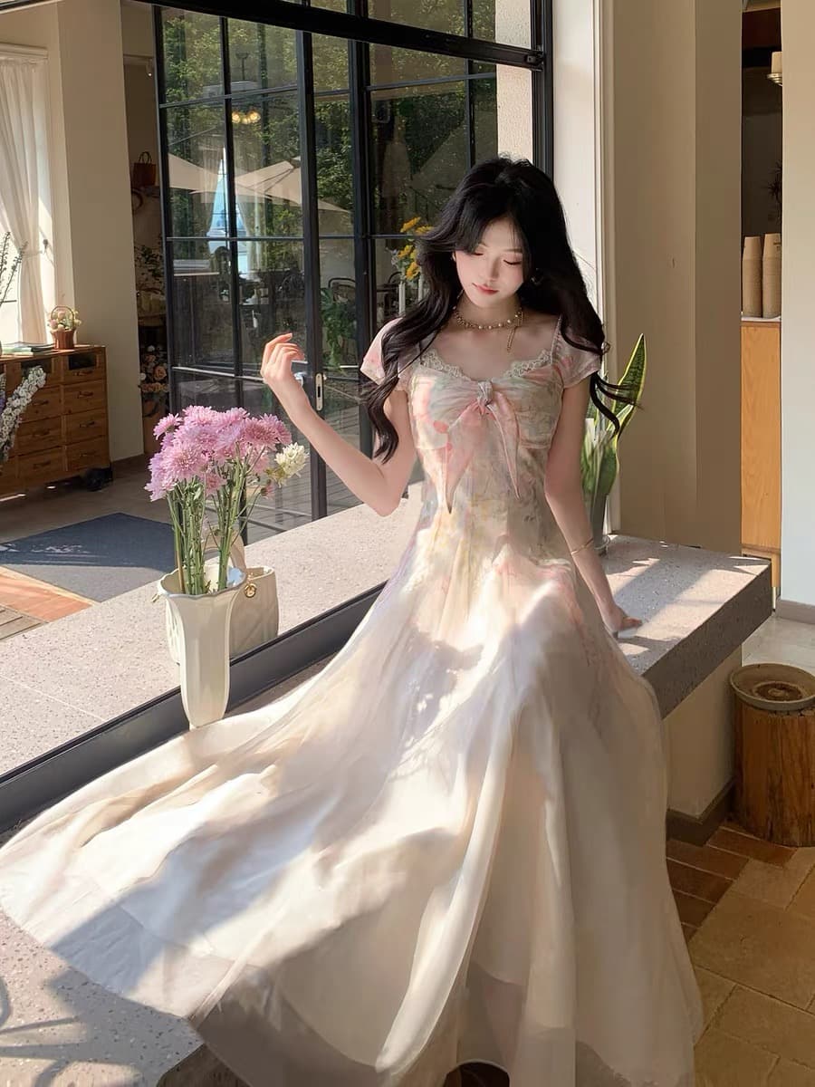 페인팅 정원 프랑스식 레트로 달콤함 무거운 작업 포지셔닝 허리 수축 빅 플레어 스커트 롱 스커트 슬림해 보이는 A라인 스커트 상세 이미지 9