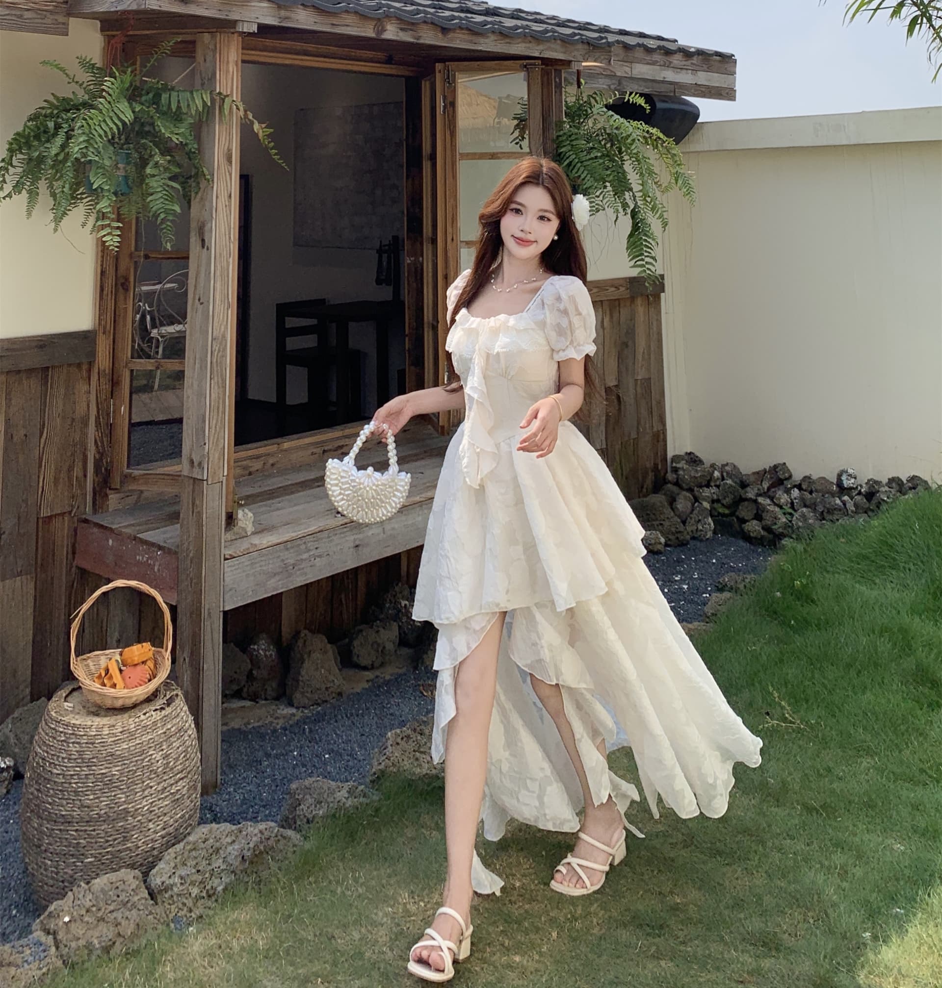 실사 감기 萃 재스민 프랑스식 휴가 바람 레이스 드레스 오프숄더 허리 수축 불규칙 요정 치마 이미지 5