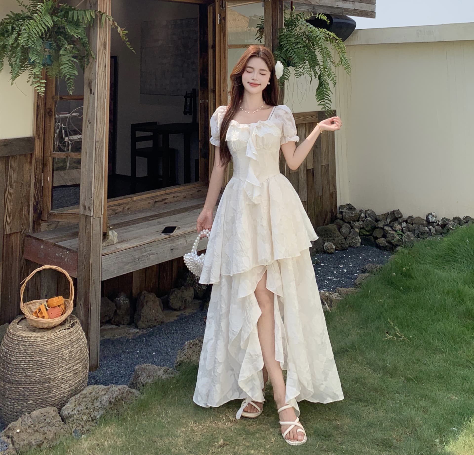 실사 감기 萃 재스민 프랑스식 휴가 바람 레이스 드레스 오프숄더 허리 수축 불규칙 요정 치마 이미지 4