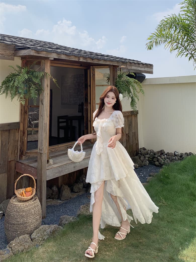 실사 감기 萃 재스민 프랑스식 휴가 바람 레이스 드레스 오프숄더 허리 수축 불규칙 요정 치마 상세 이미지 3