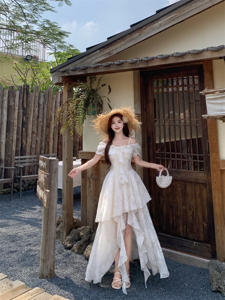 실사 감기 萃 재스민 프랑스식 휴가 바람 레이스 드레스 오프숄더 허리 수축 불규칙 요정 치마 상세 이미지 5